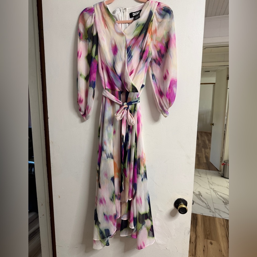DKNY Floral Watercolor Wrap Maxi Dress - Pink Multi